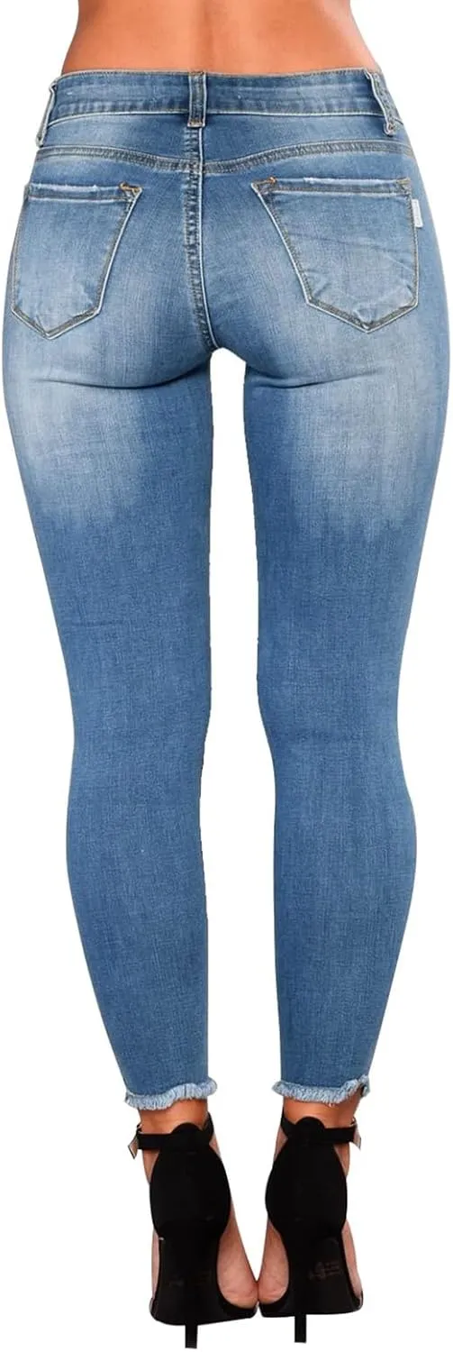 Skinny Jeans for Women Ripped Distressed Raw Hem Denim Stretchy Mid Rise Frayed Stretch Boyfriend Jeans with Pockets