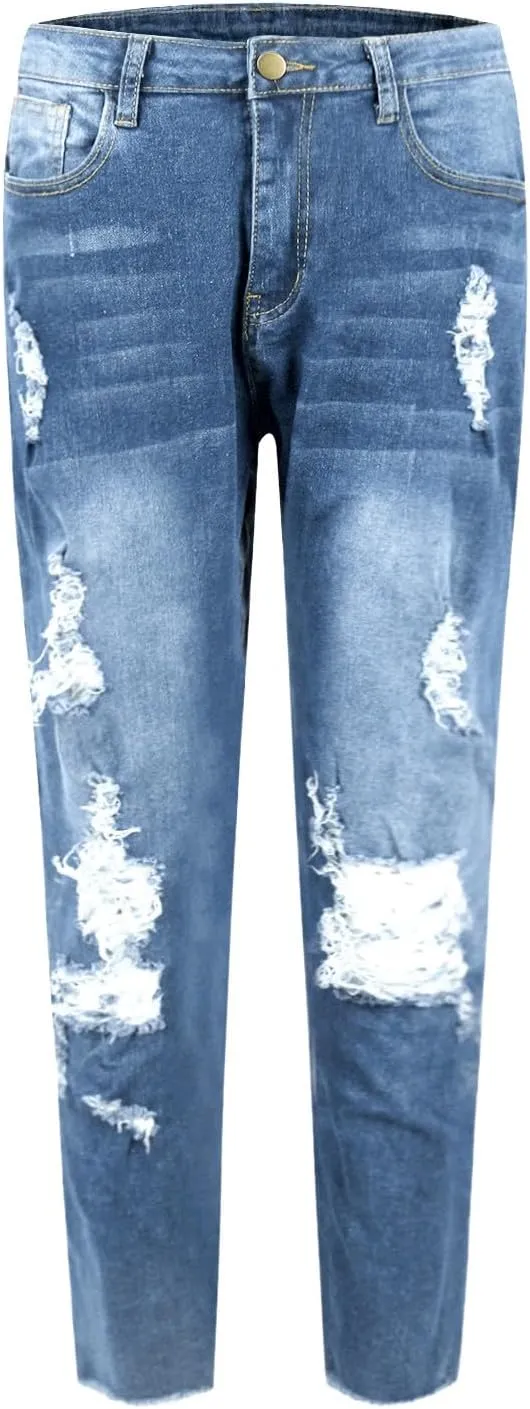 Skinny Jeans for Women Ripped Distressed Raw Hem Denim Stretchy Mid Rise Frayed Stretch Boyfriend Jeans with Pockets