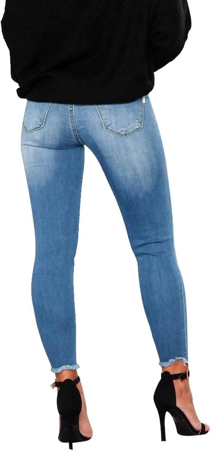Skinny Jeans for Women Ripped Distressed Raw Hem Denim Stretchy Mid Rise Frayed Stretch Boyfriend Jeans with Pockets