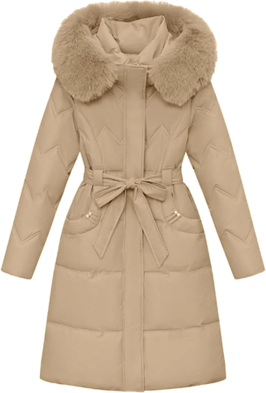 SMIDOW Long Puffer Winter Coat For Women Trendy 2023 Padded Down Jackets Full Zip Up Parka Coats With Faux Fur Hood