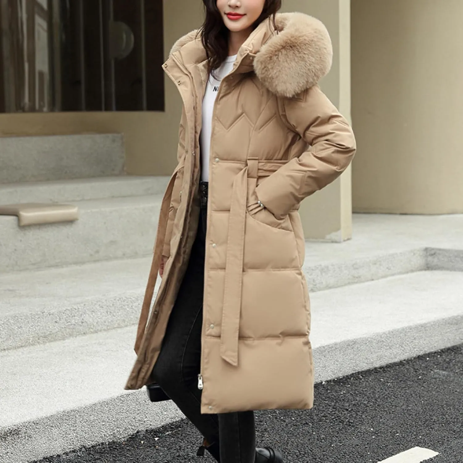 SMIDOW Long Puffer Winter Coat For Women Trendy 2023 Padded Down Jackets Full Zip Up Parka Coats With Faux Fur Hood