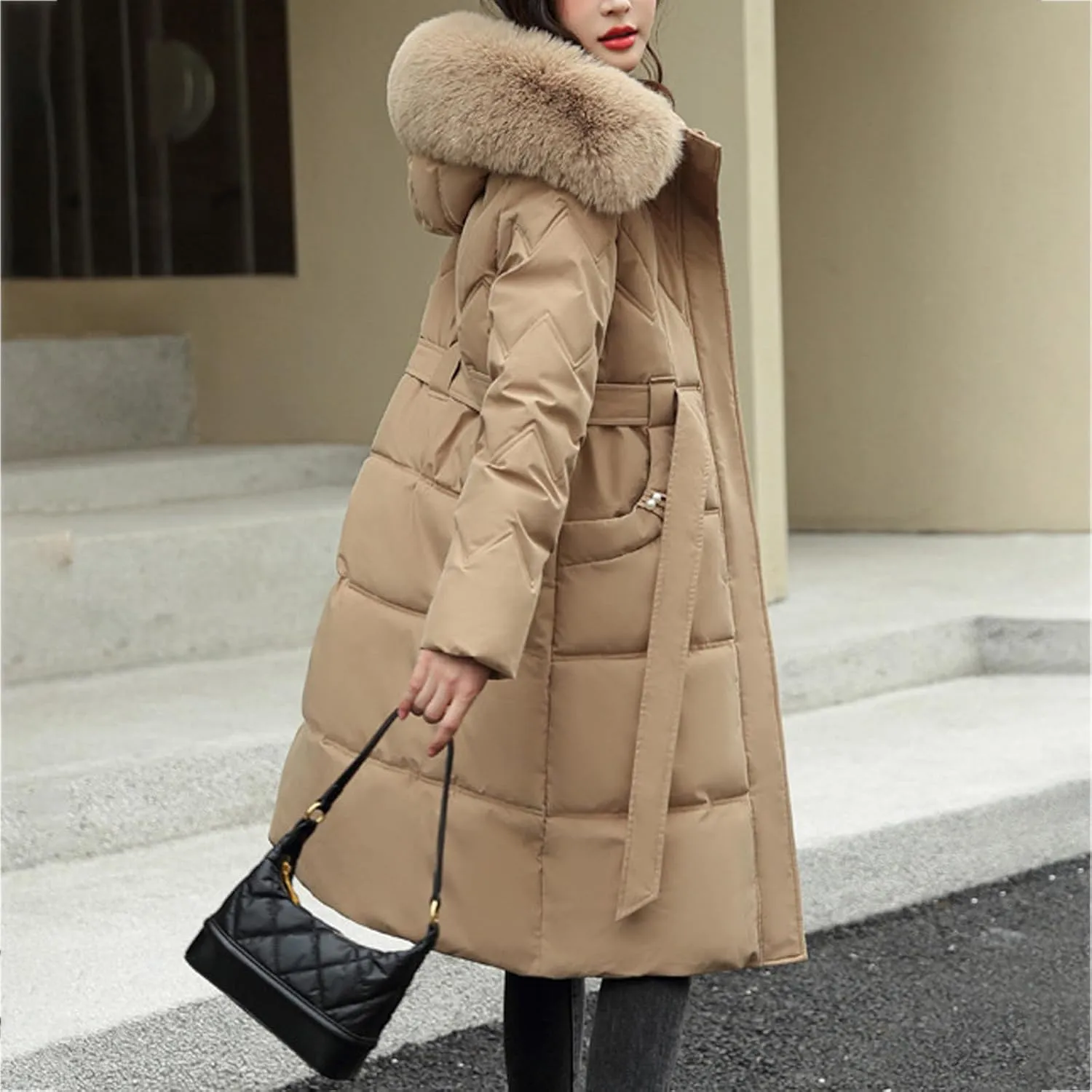 SMIDOW Long Puffer Winter Coat For Women Trendy 2023 Padded Down Jackets Full Zip Up Parka Coats With Faux Fur Hood