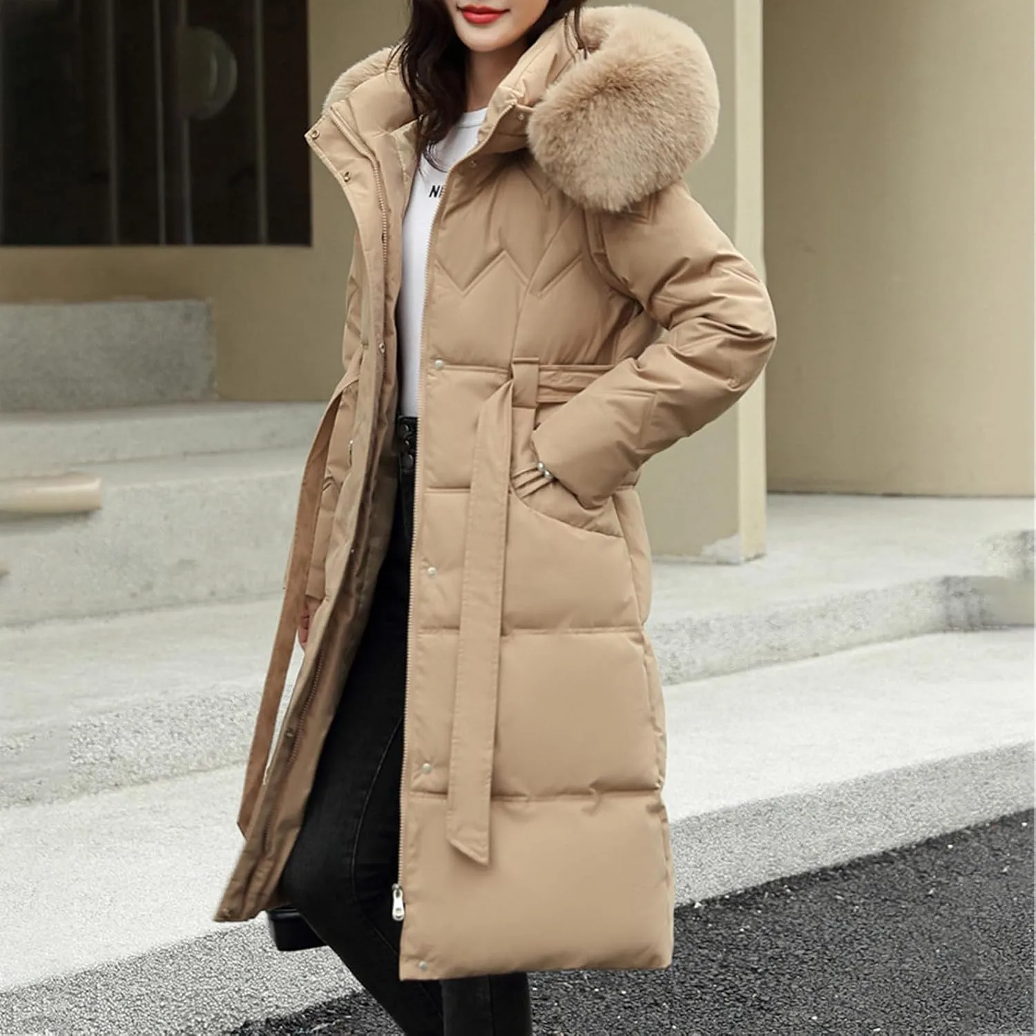 SMIDOW Long Puffer Winter Coat For Women Trendy 2023 Padded Down Jackets Full Zip Up Parka Coats With Faux Fur Hood