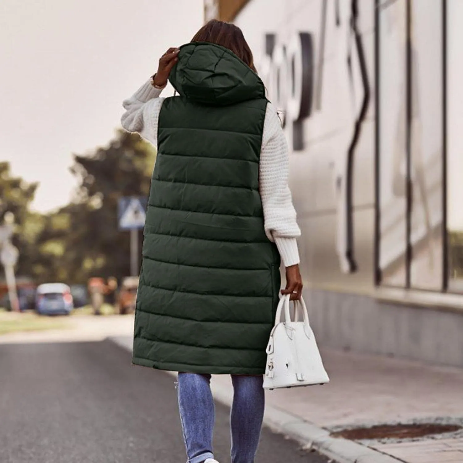 Smoneyful Women's Long Vest Sleeveless Lightweight Puffer Jacket Packable Hooded Down Coat Quilted Vest with Hood Winter