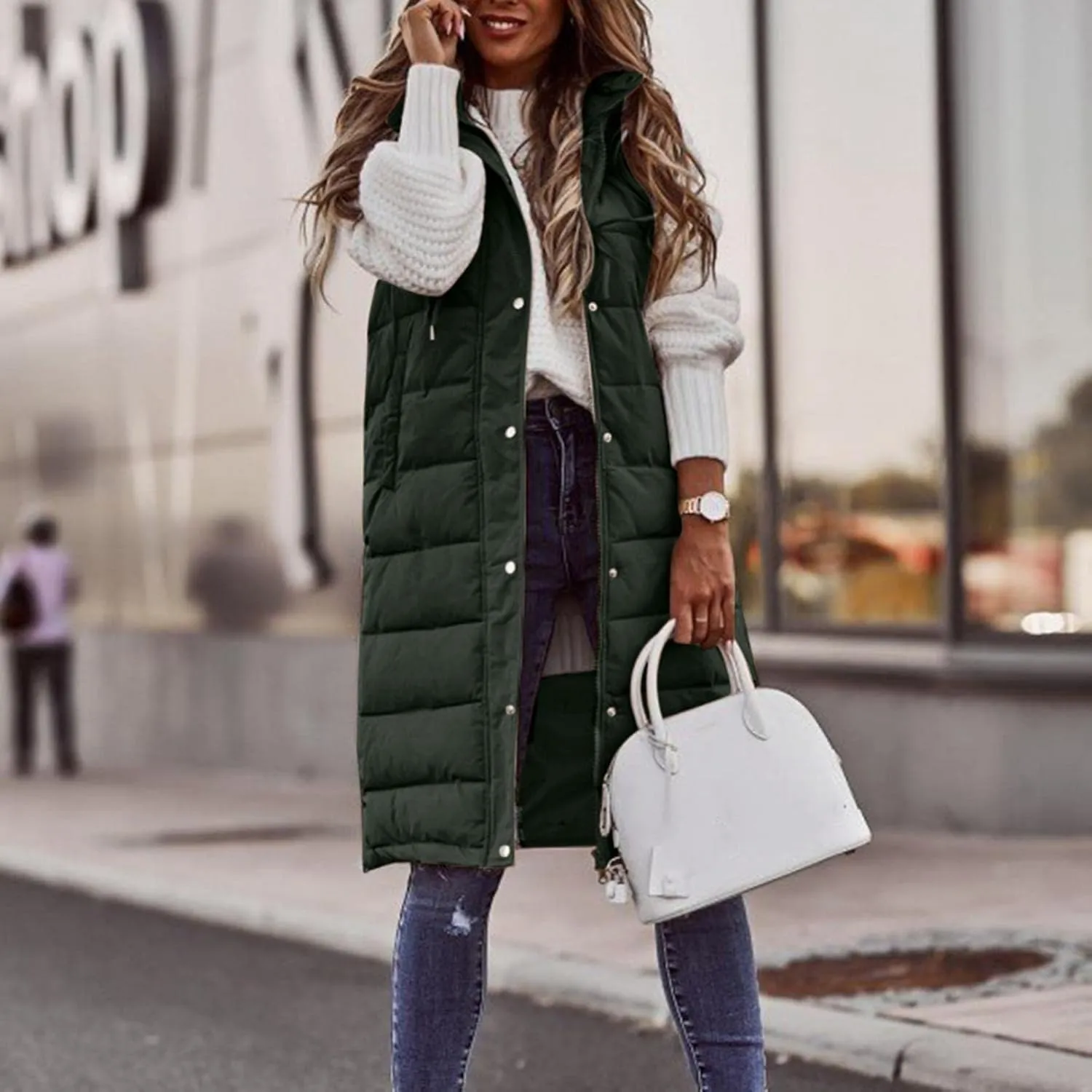 Smoneyful Women's Long Vest Sleeveless Lightweight Puffer Jacket Packable Hooded Down Coat Quilted Vest with Hood Winter