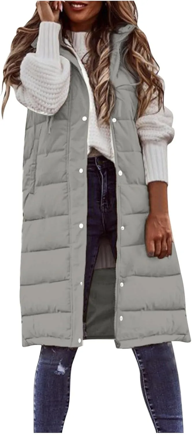 Smoneyful Women's Long Vest Sleeveless Lightweight Puffer Jacket Packable Hooded Down Coat Quilted Vest with Hood Winter