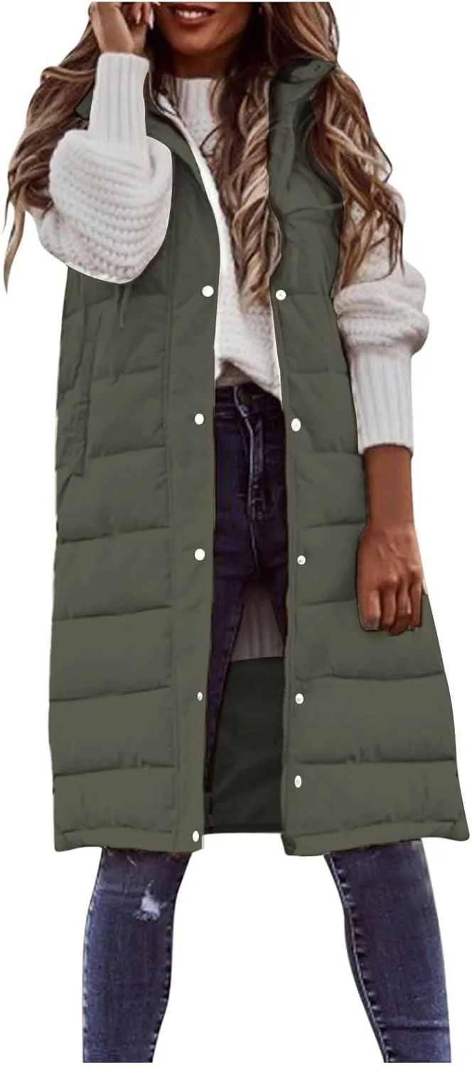 Smoneyful Women's Long Vest Sleeveless Lightweight Puffer Jacket Packable Hooded Down Coat Quilted Vest with Hood Winter
