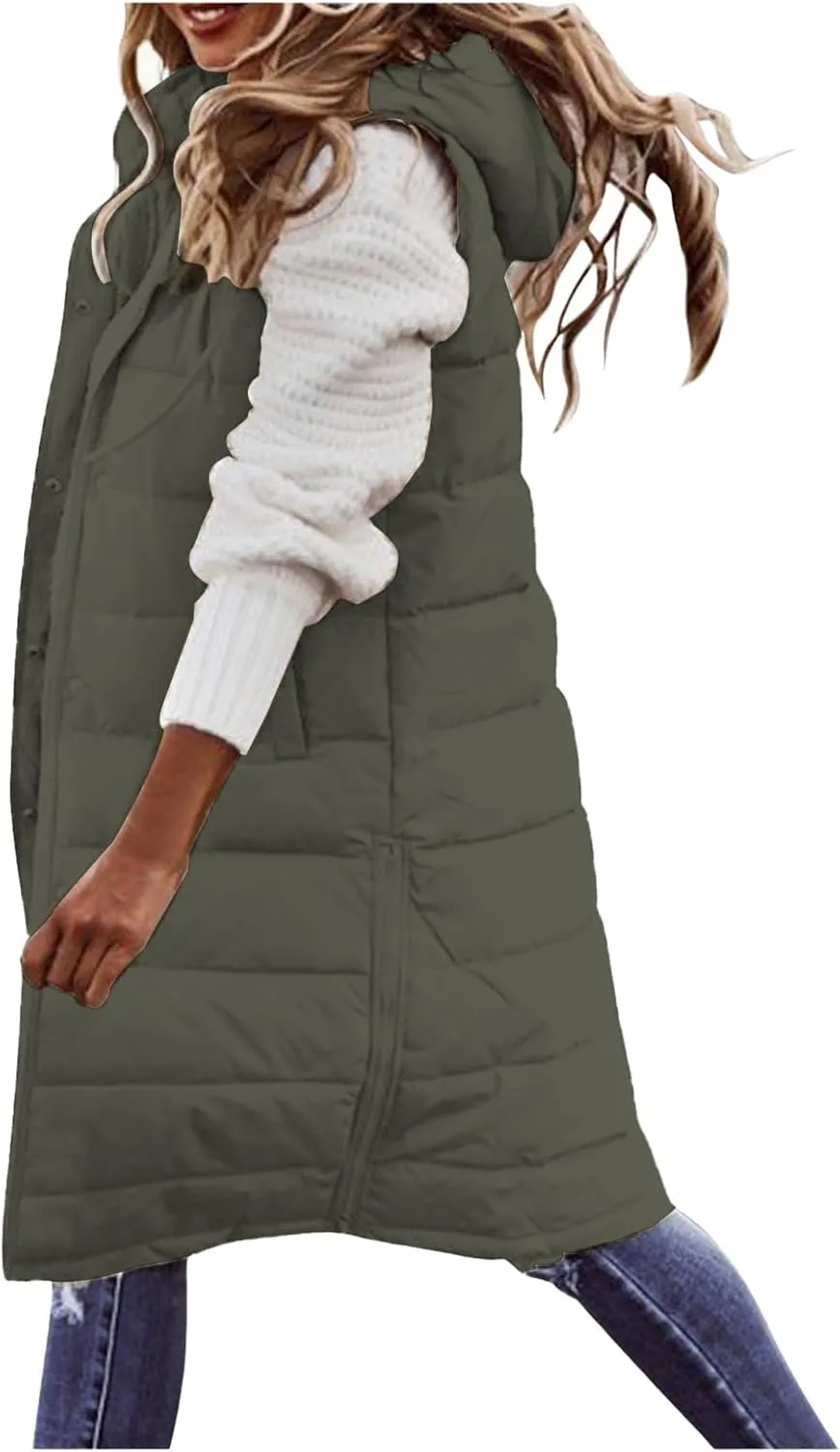 Smoneyful Women's Long Vest Sleeveless Lightweight Puffer Jacket Packable Hooded Down Coat Quilted Vest with Hood Winter