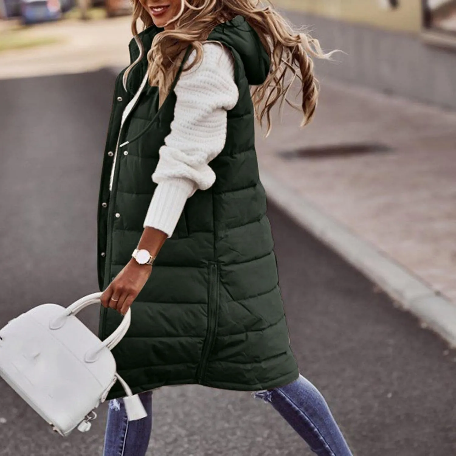 Smoneyful Women's Long Vest Sleeveless Lightweight Puffer Jacket Packable Hooded Down Coat Quilted Vest with Hood Winter