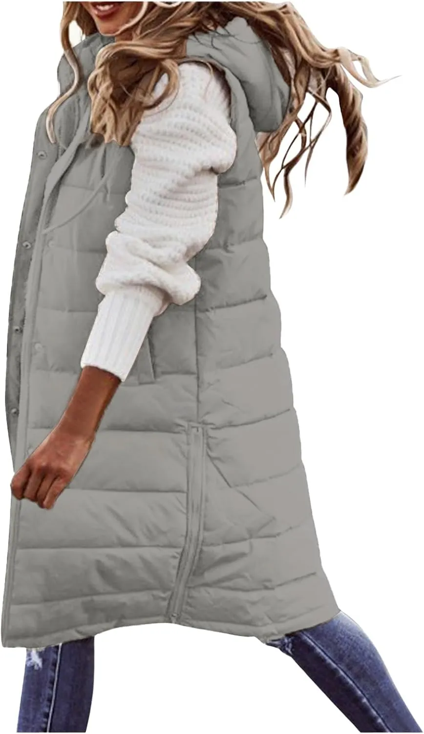 Smoneyful Women's Long Vest Sleeveless Lightweight Puffer Jacket Packable Hooded Down Coat Quilted Vest with Hood Winter