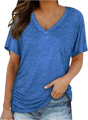 Solid Cotton Tshirts for Women Short Sleeve Slim Fit Tops Casual V Neck Blouse 2025 Casual Cute Graphic Basic Tees