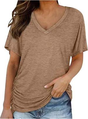 Solid Cotton Tshirts for Women Short Sleeve Slim Fit Tops Casual V Neck Blouse 2025 Casual Cute Graphic Basic Tees