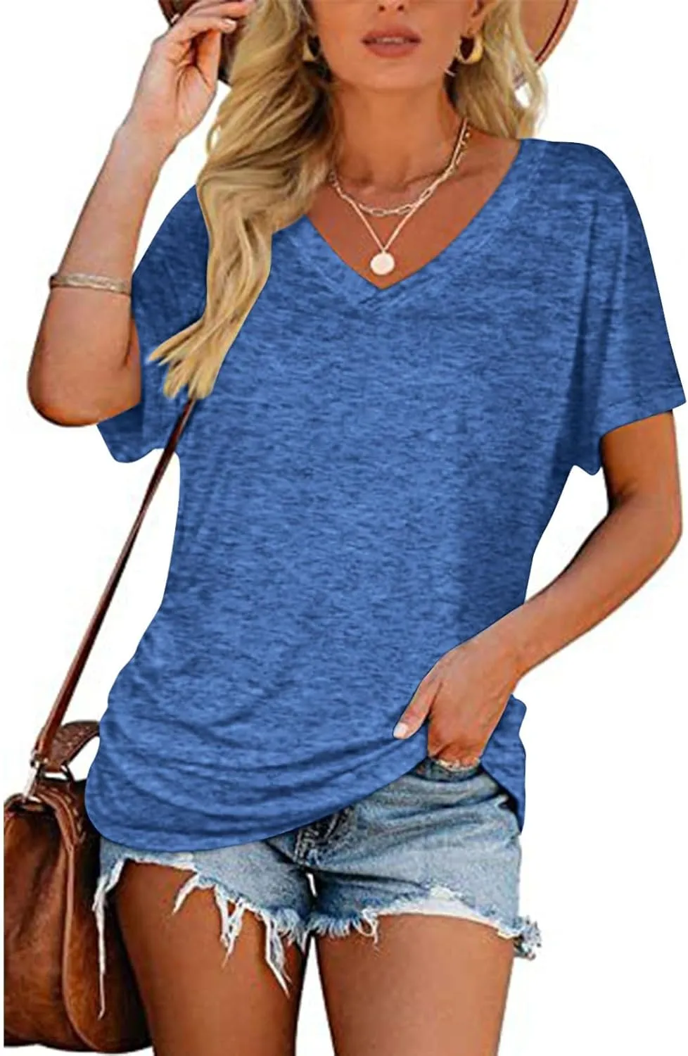 Solid Cotton Tshirts for Women Short Sleeve Slim Fit Tops Casual V Neck Blouse 2025 Casual Cute Graphic Basic Tees