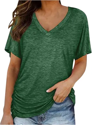 Solid Cotton Tshirts for Women Short Sleeve Slim Fit Tops Casual V Neck Blouse 2025 Casual Cute Graphic Basic Tees