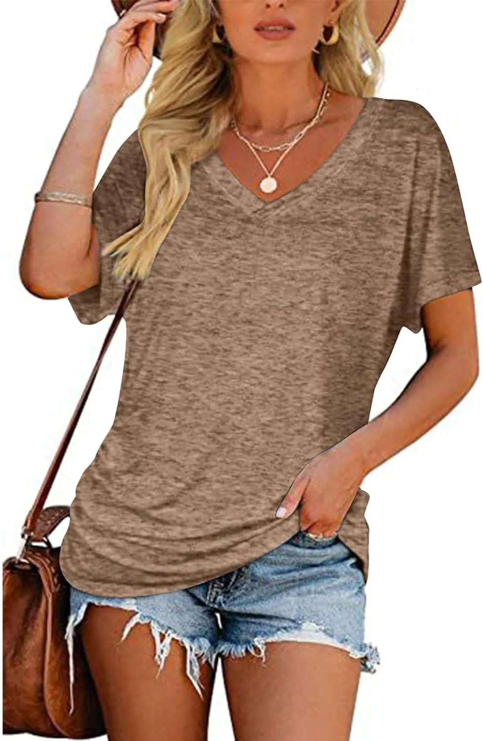 Solid Cotton Tshirts for Women Short Sleeve Slim Fit Tops Casual V Neck Blouse 2025 Casual Cute Graphic Basic Tees
