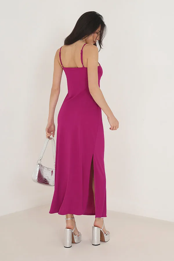 SOLID V-NECK TIE FRONT CAMI MAXI DRESS