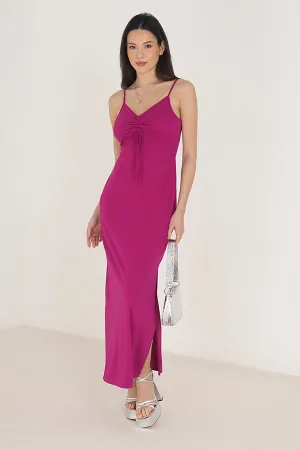 SOLID V-NECK TIE FRONT CAMI MAXI DRESS