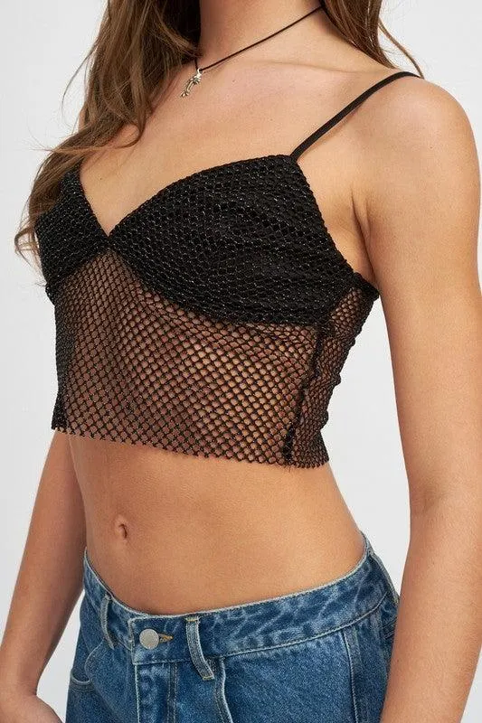 Spaghetti Strap Crop Top With Mesh Detail
