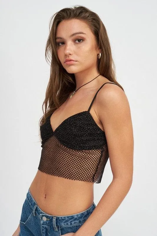 Spaghetti Strap Crop Top With Mesh Detail