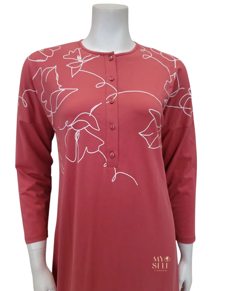 SS22N17A Ash Rose Floral Outline Button Down Cotton Nightgown