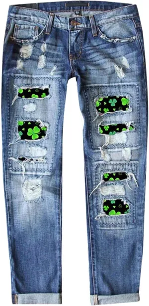 St Patricks Day Ripped Jeans Womens Irish Shamrocks Printed Festive Denim Pants Straight Leg Cuffed Democracy Jeans