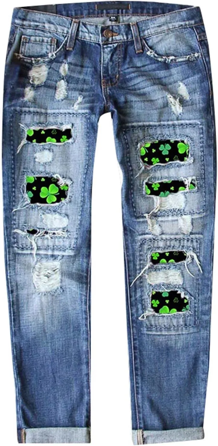 St Patricks Day Ripped Jeans Womens Irish Shamrocks Printed Festive Denim Pants Straight Leg Cuffed Democracy Jeans