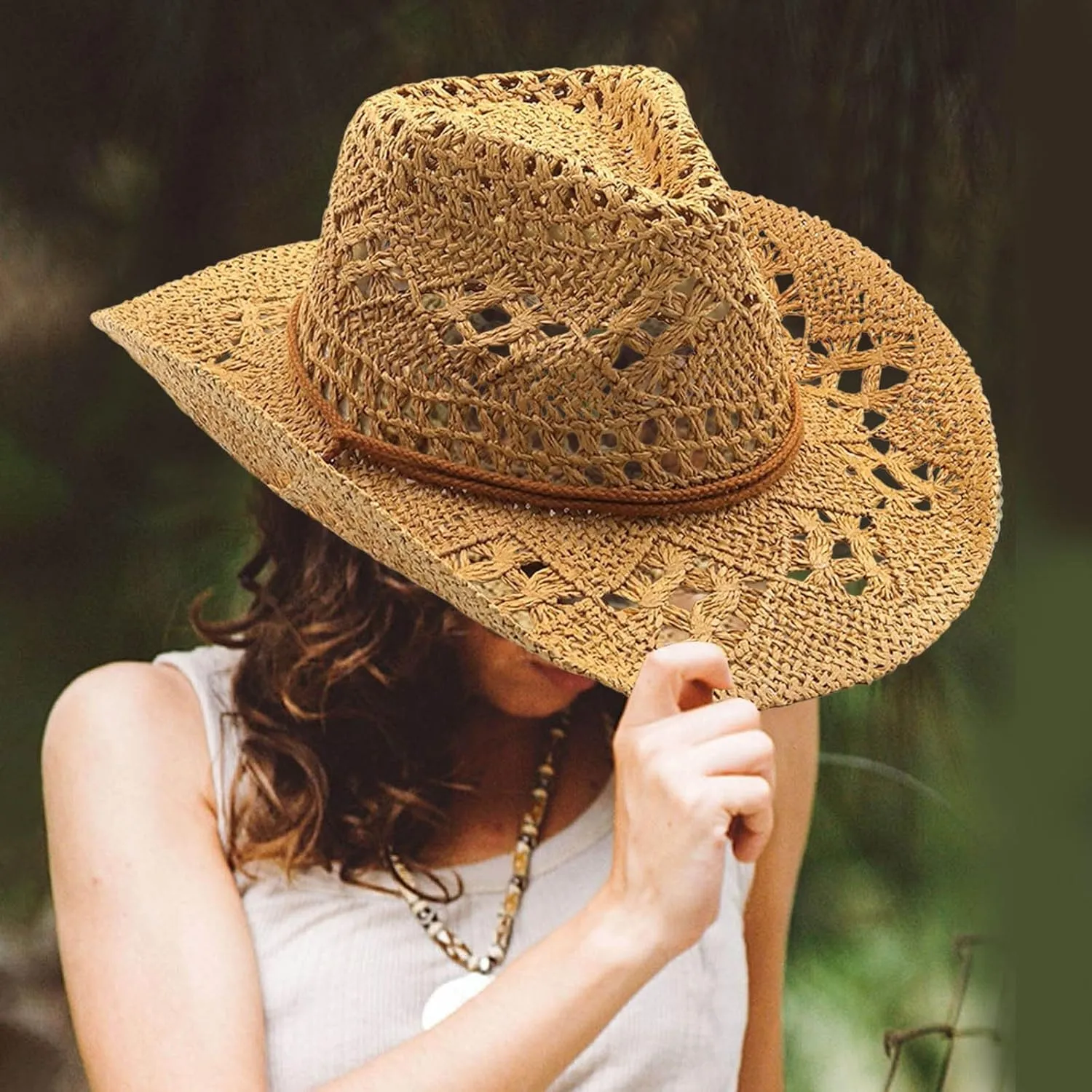 Straw Cowboy Hats for Men Women Beach Wide Brim Sun Visor Hats Hollow Out Packable Beach Sunhat Sun Protection Uv 50 