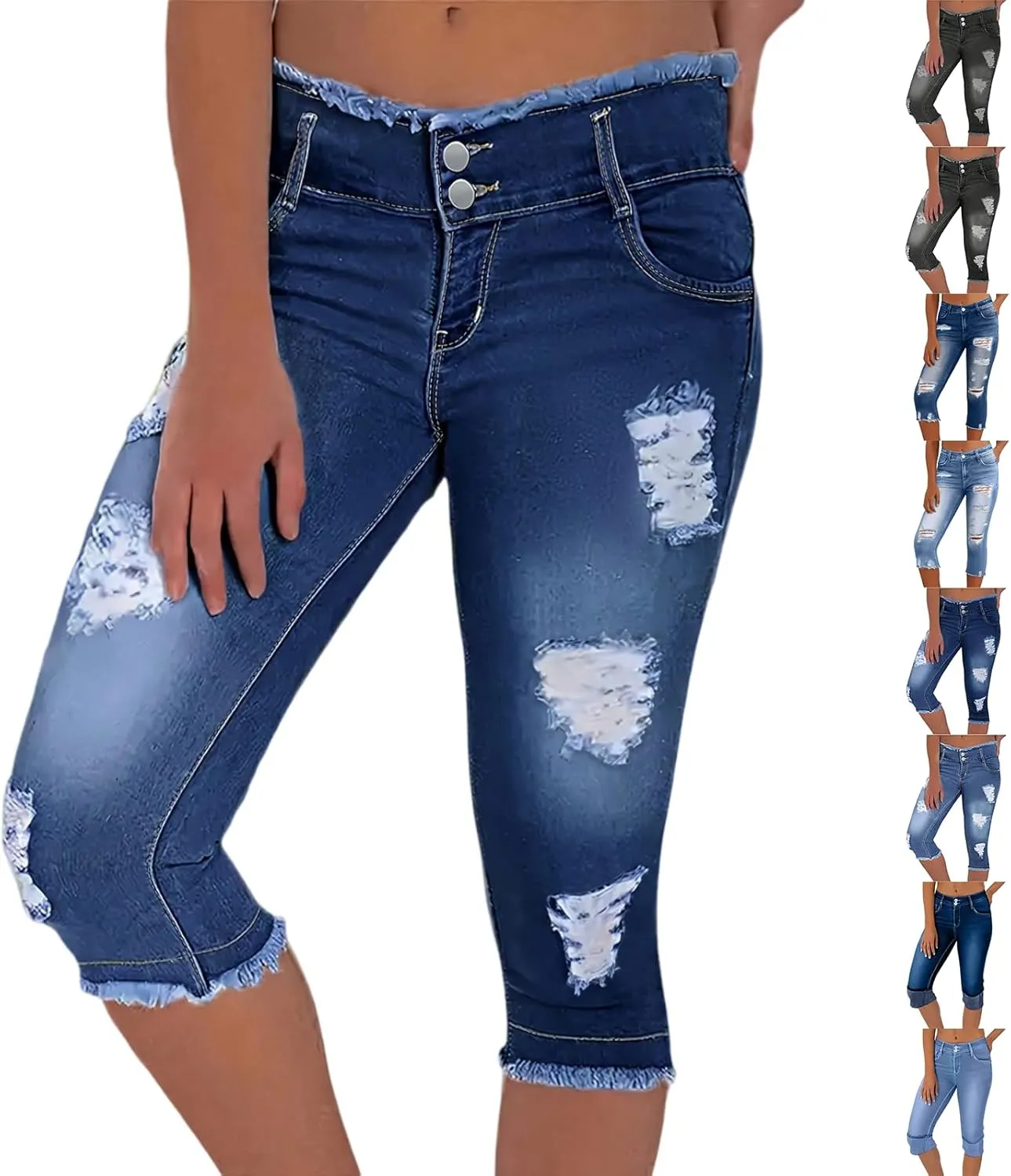 Stretch Jean Capris for Women Skinny Low Rise Ripped Jeans Vintage Distressed Jeans Butt Lift Capri Pants with Holes