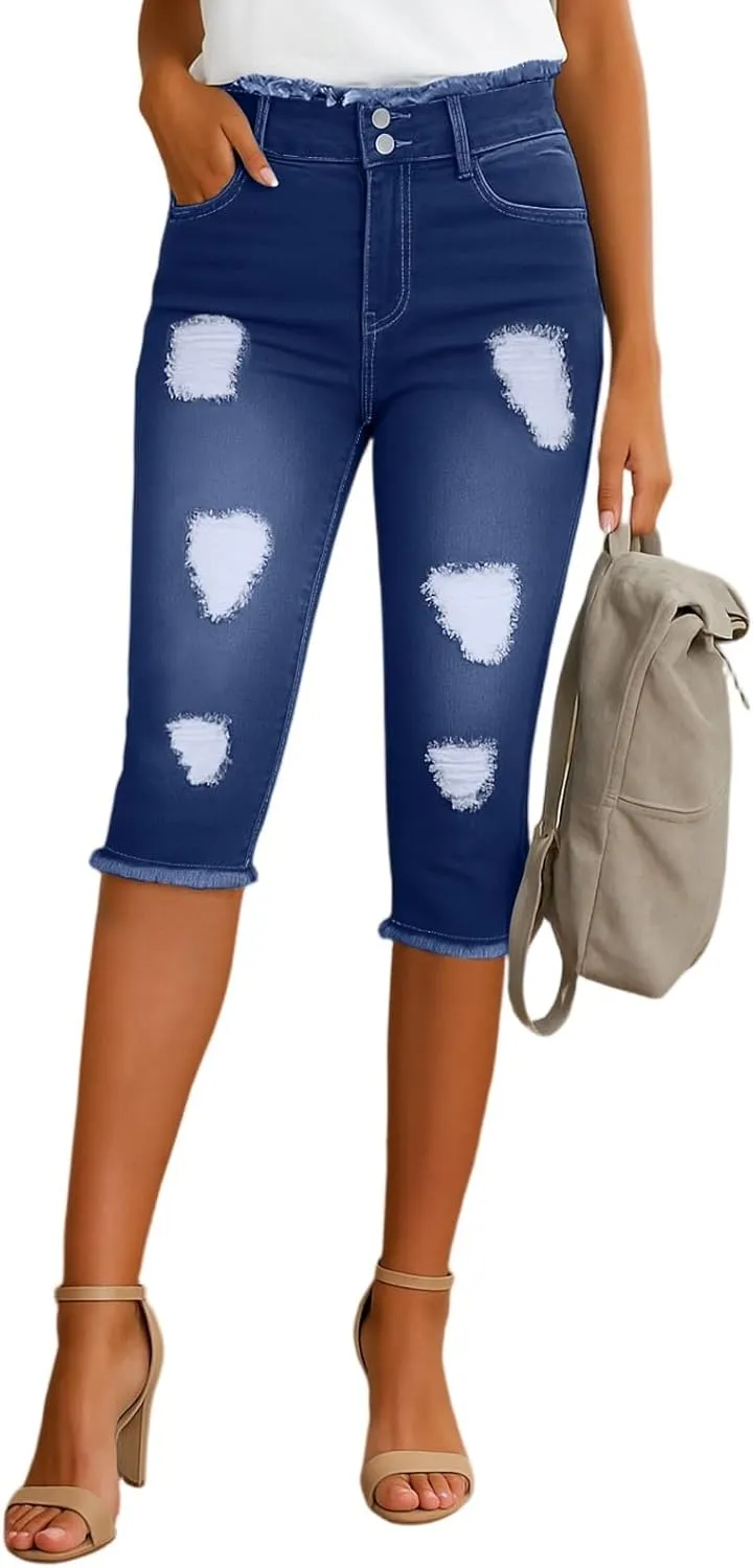 Stretch Jean Capris for Women Skinny Low Rise Ripped Jeans Vintage Distressed Jeans Butt Lift Capri Pants with Holes