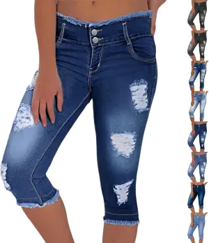 Stretch Jean Capris for Women Skinny Low Rise Ripped Jeans Vintage Distressed Jeans Butt Lift Capri Pants with Holes