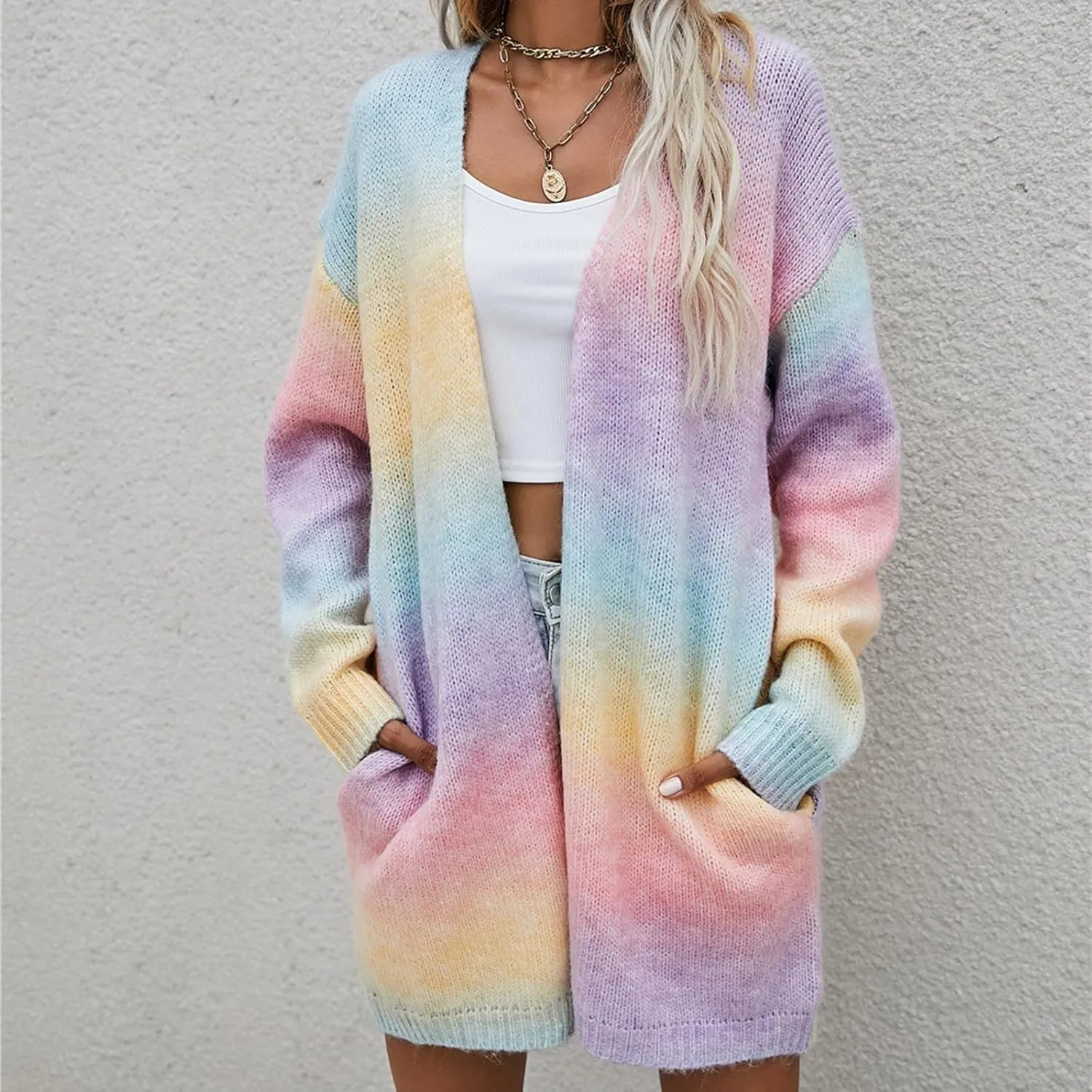 Striped Cardigan Sweaters for Women Open Front Shirt Pockets Long Sleeve Lightweight Coat Fall Oufits Clothes 2024