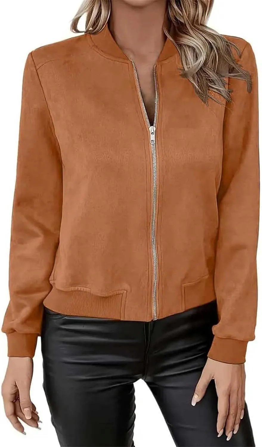 Suede Jacket Women Cropped Zip Up Bomber Jackets Dressy Casual Long Sleeve Biker Moto Jacket Fall Coat Outerwear