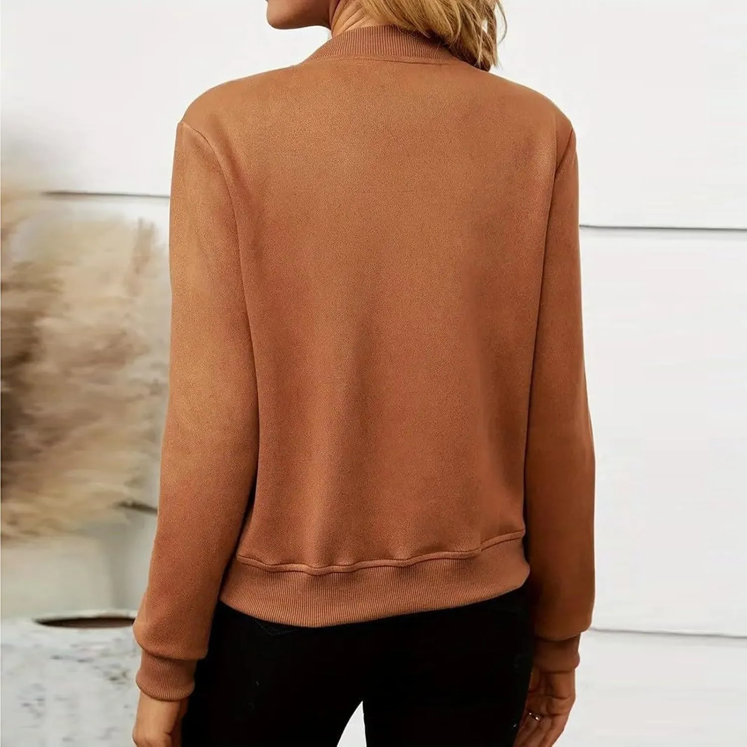 Suede Jacket Women Cropped Zip Up Bomber Jackets Dressy Casual Long Sleeve Biker Moto Jacket Fall Coat Outerwear