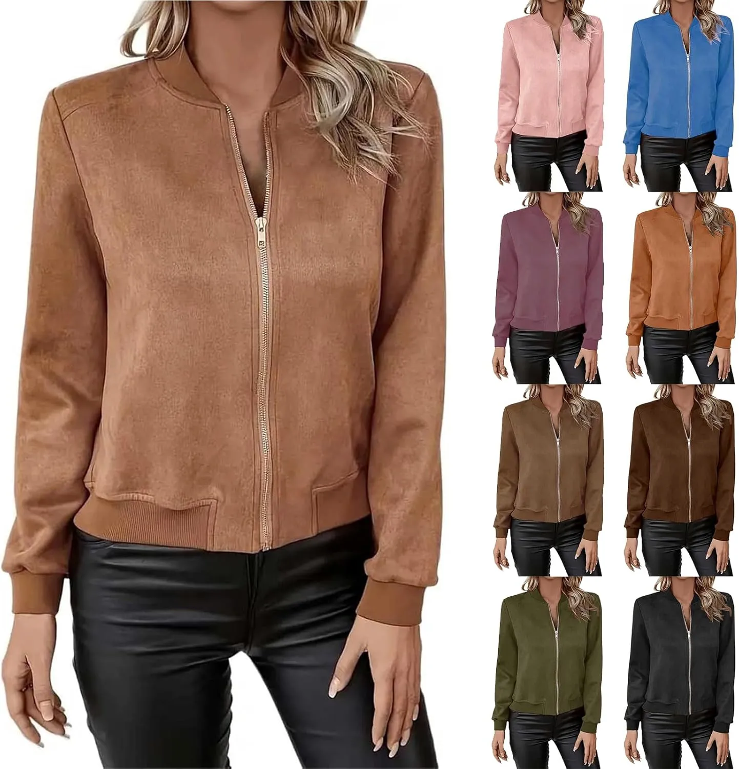 Suede Jacket Women Cropped Zip Up Bomber Jackets Dressy Casual Long Sleeve Biker Moto Jacket Fall Coat Outerwear