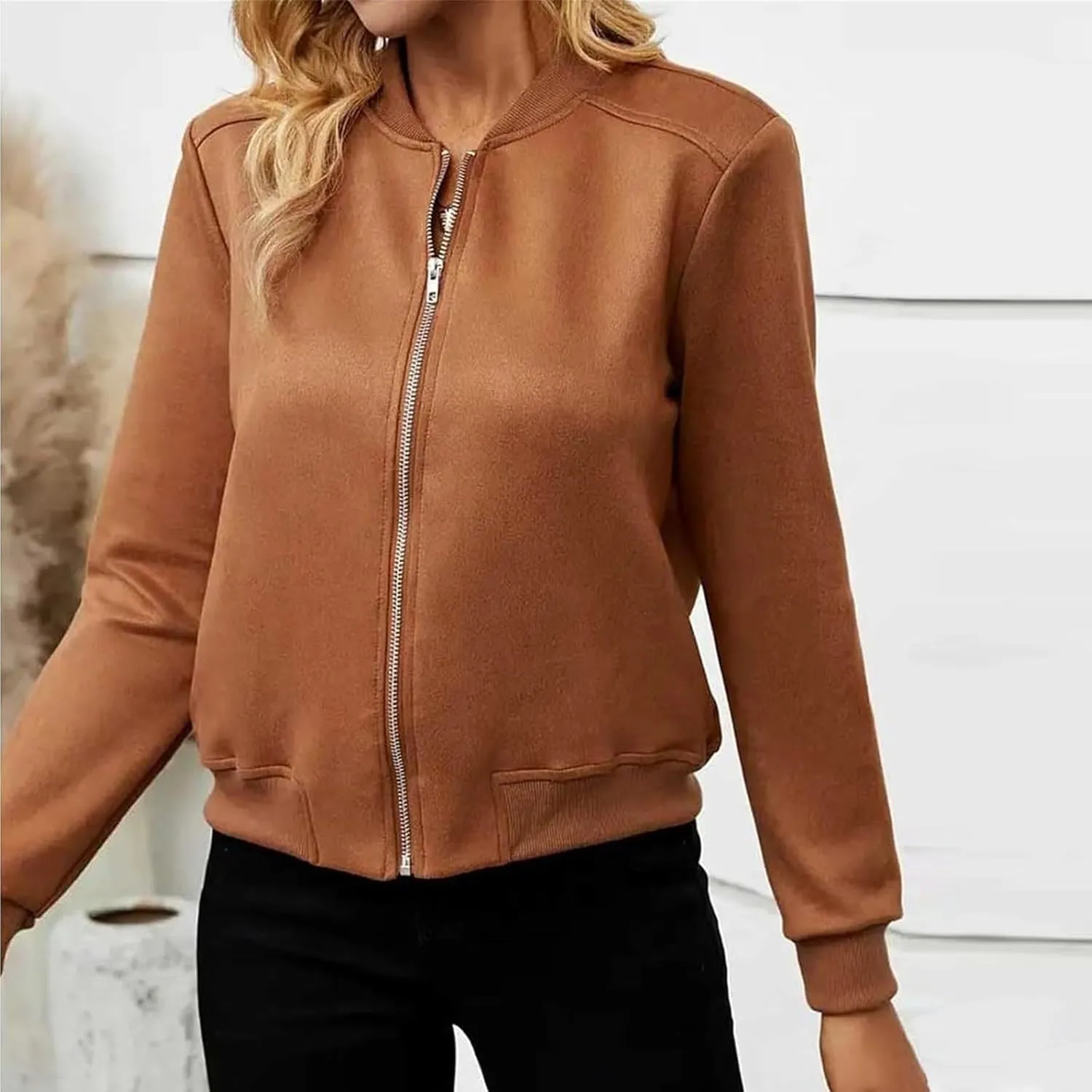 Suede Jacket Women Cropped Zip Up Bomber Jackets Dressy Casual Long Sleeve Biker Moto Jacket Fall Coat Outerwear