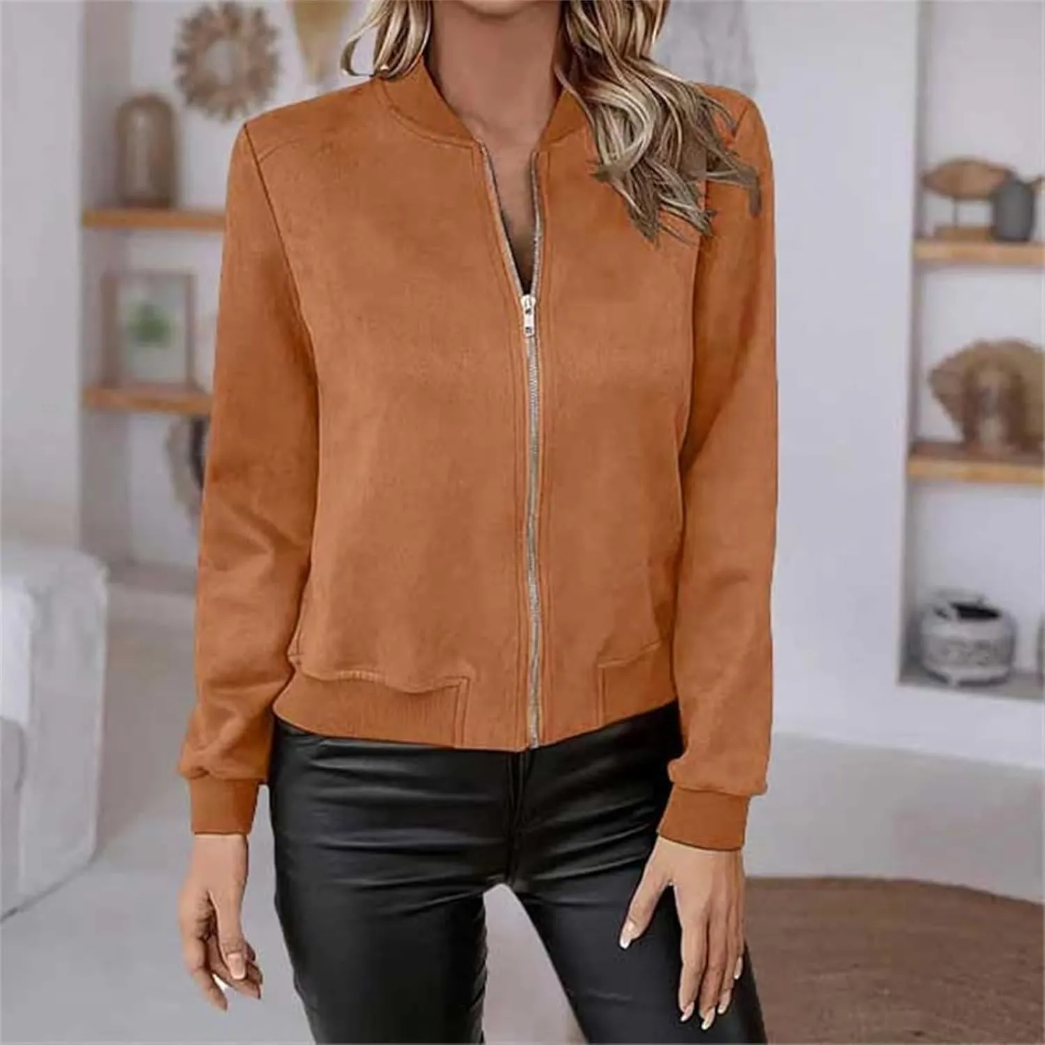 Suede Jacket Women Cropped Zip Up Bomber Jackets Dressy Casual Long Sleeve Biker Moto Jacket Fall Coat Outerwear