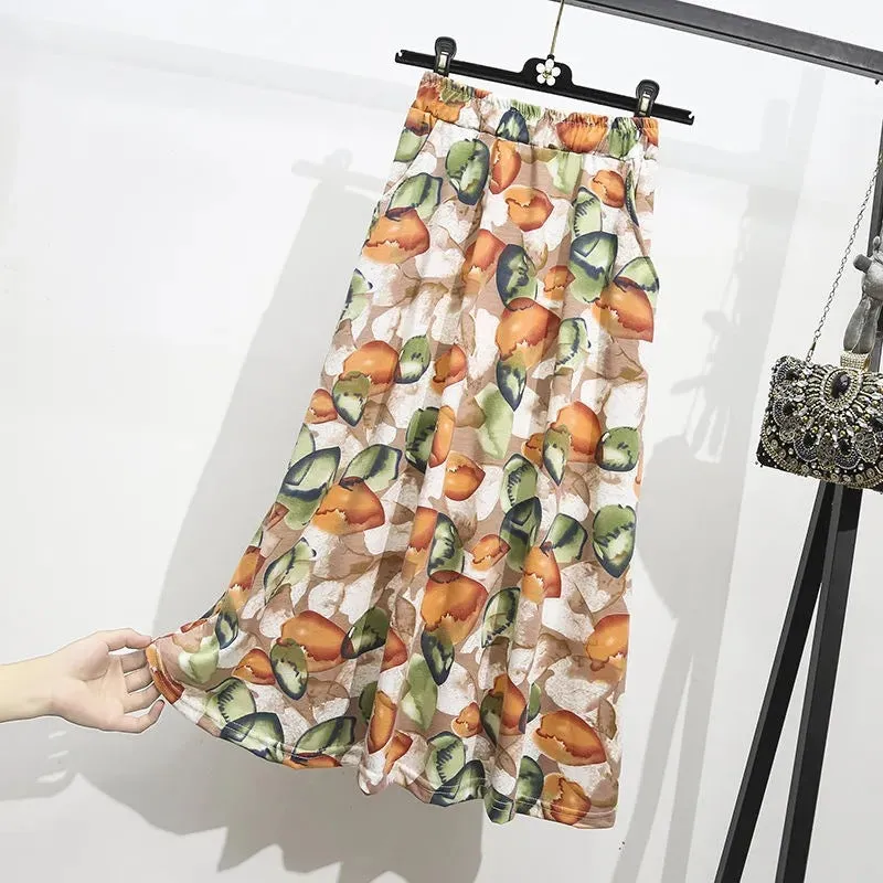 Summer Art Printed Skirt Floral Flare High Waist Poker Dot Dress Women Skirt