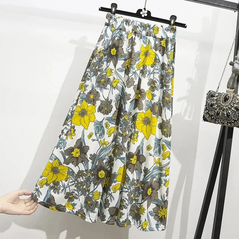 Summer Art Printed Skirt Floral Flare High Waist Poker Dot Dress Women Skirt