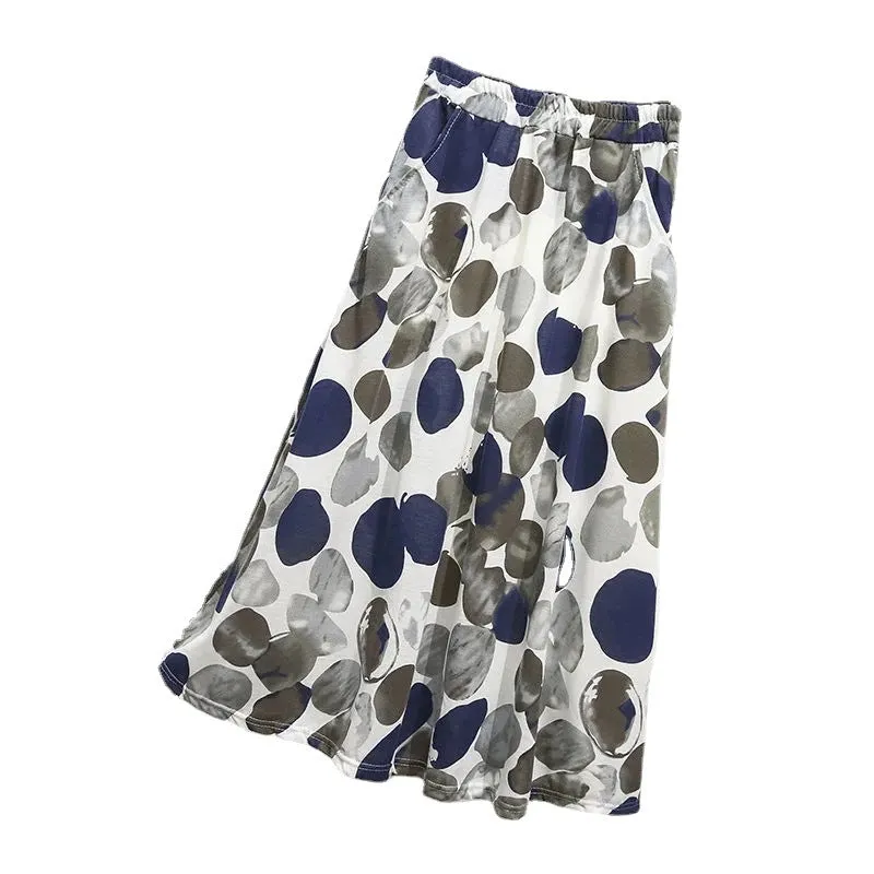 Summer Art Printed Skirt Floral Flare High Waist Poker Dot Dress Women Skirt