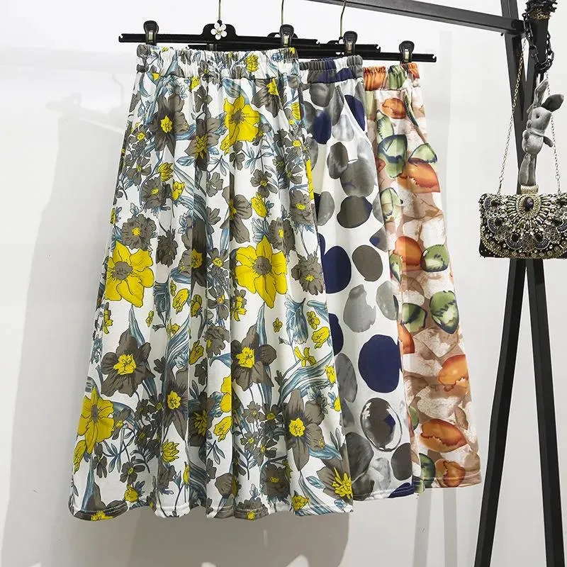 Summer Art Printed Skirt Floral Flare High Waist Poker Dot Dress Women Skirt