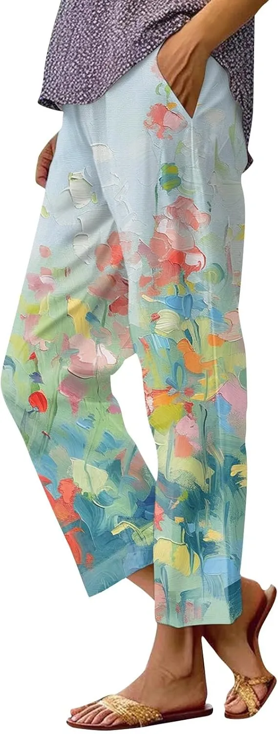 Summer Drawstring Linen Capris Cropped Pants for Women 2024 Casual Petite Ladies Drawstring Beach Baggy Trousers