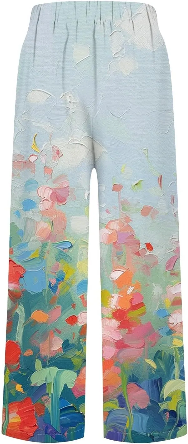 Summer Drawstring Linen Capris Cropped Pants for Women 2024 Casual Petite Ladies Drawstring Beach Baggy Trousers