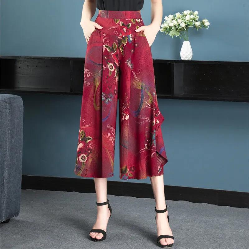 Summer Floral A-Line Skirt Pants Cotton Elderly Wide Leg Women Ankle-Length Mid-Length Pants