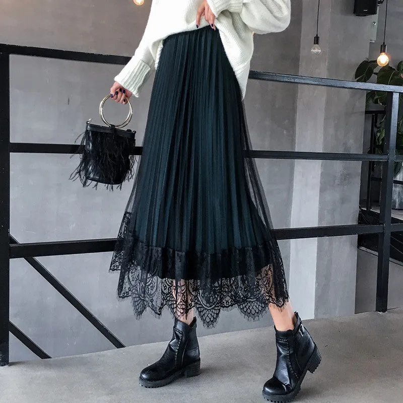 Summer Lace Mesh Skirt Korean High Waist Slim Look Sides Wearable Solid Colored Pleated Flare Skirt