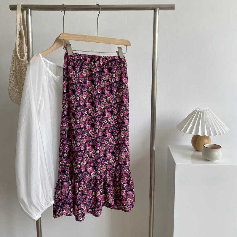 Summer / Vintage Printed Chiffon Floral Mid-Length High Waist Skirt A-Line Skirt