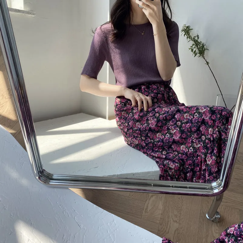 Summer / Vintage Printed Chiffon Floral Mid-Length High Waist Skirt A-Line Skirt