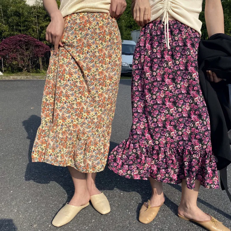 Summer / Vintage Printed Chiffon Floral Mid-Length High Waist Skirt A-Line Skirt