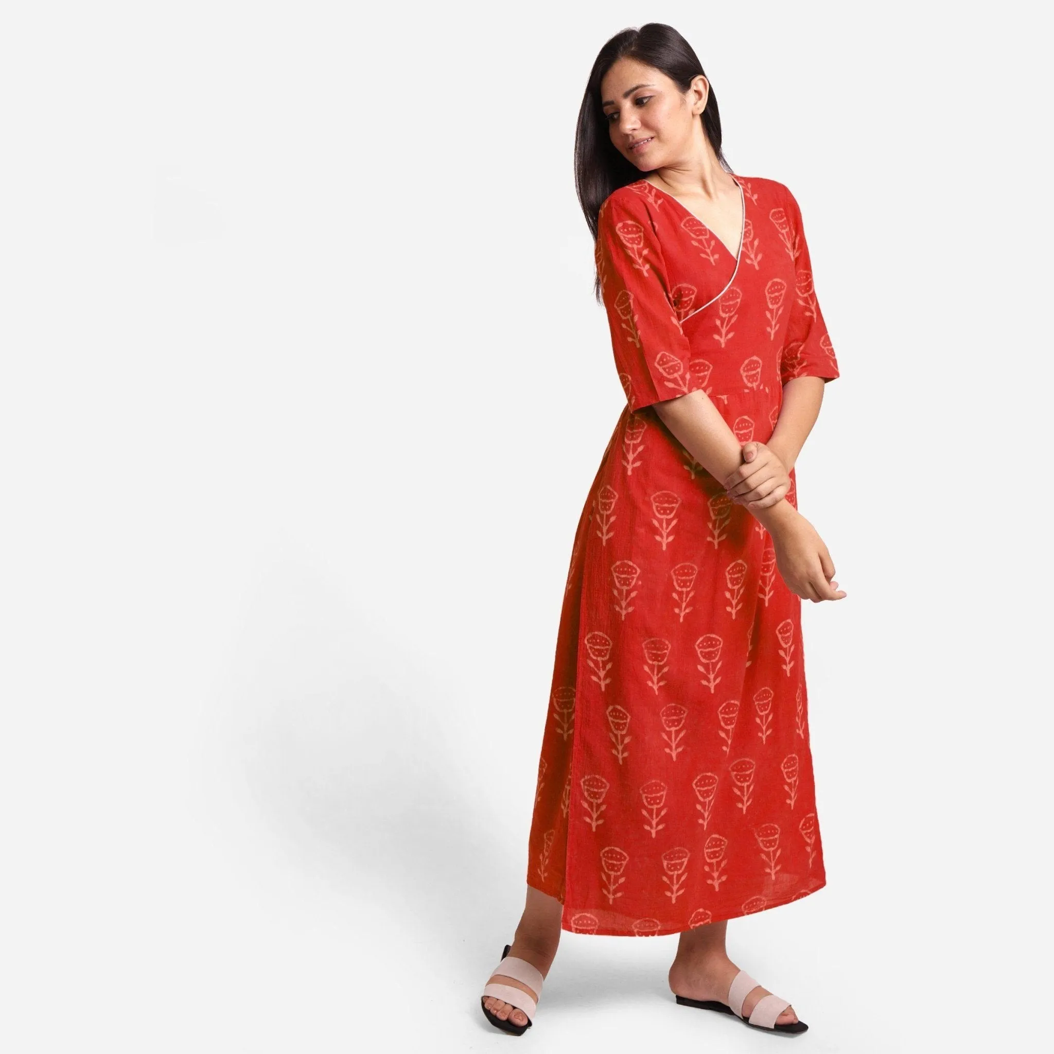 Sunset Orange Dabu Block Print Cotton Wrap Maxi Dress