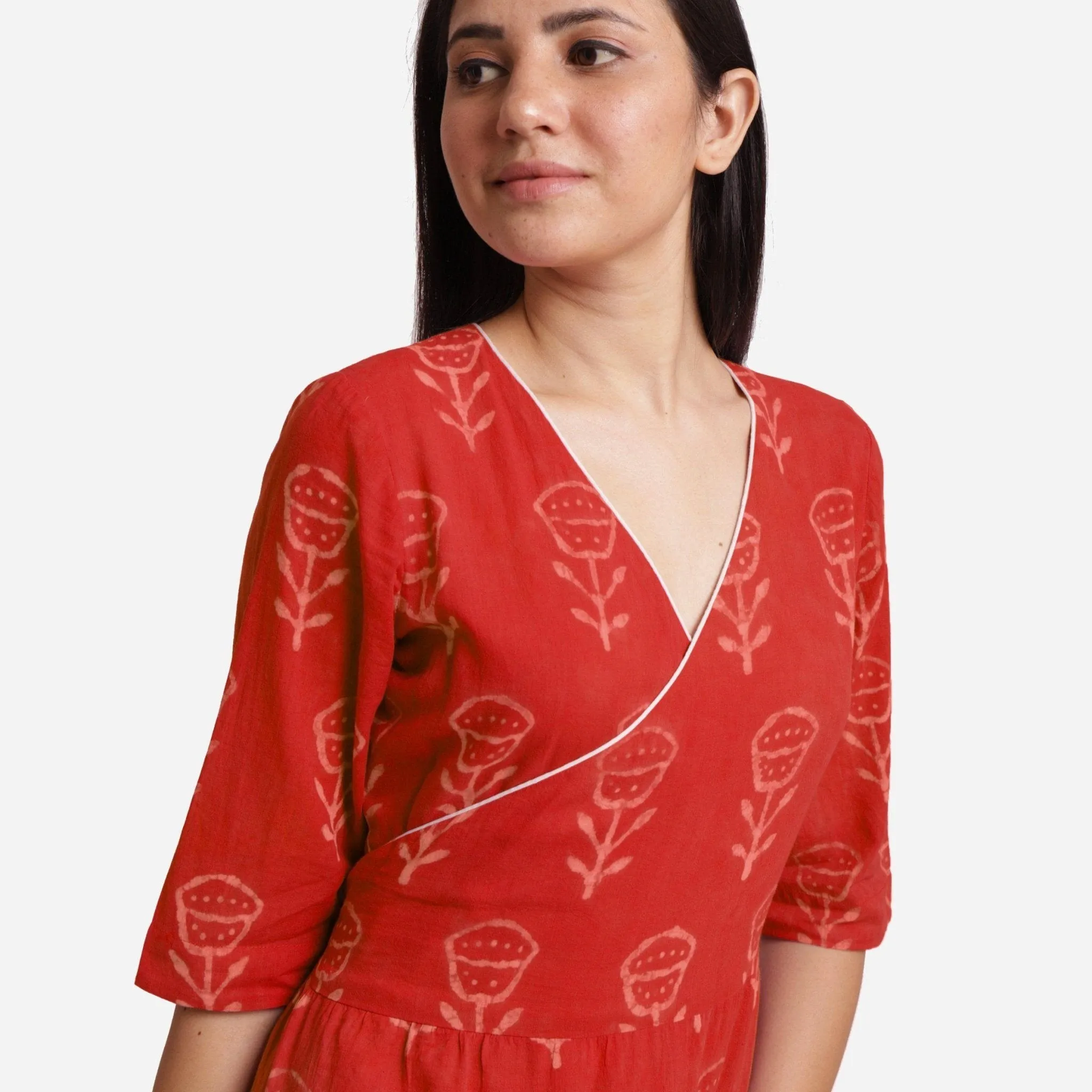 Sunset Orange Dabu Block Print Cotton Wrap Maxi Dress