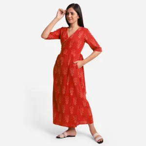 Sunset Orange Dabu Block Print Cotton Wrap Maxi Dress